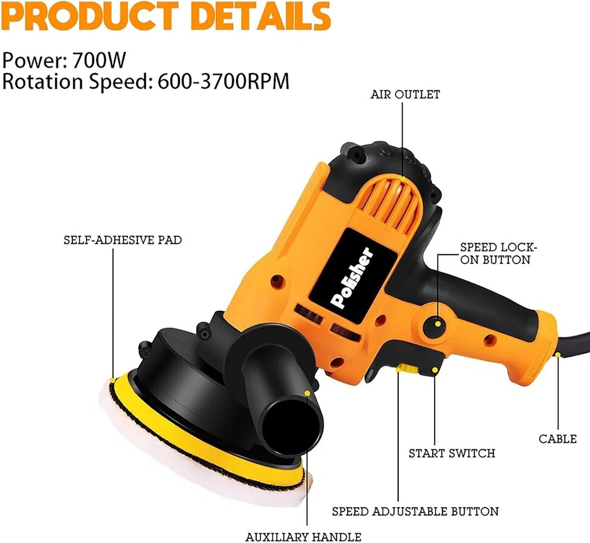 Pulidora Coche, Máquina de Pulir 700W Máquina Pulidora Velocidad Ajustable de 600 a 3700 rpm, Alambre de Cobre Puro, Con 33 Accesorios, Herramientas de Pulido Para Coches, Muebl