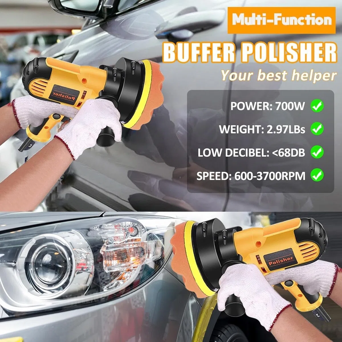 Pulidora Coche, Máquina de Pulir 700W Máquina Pulidora Velocidad Ajustable de 600 a 3700 rpm, Alambre de Cobre Puro, Con 33 Accesorios, Herramientas de Pulido Para Coches, Muebl