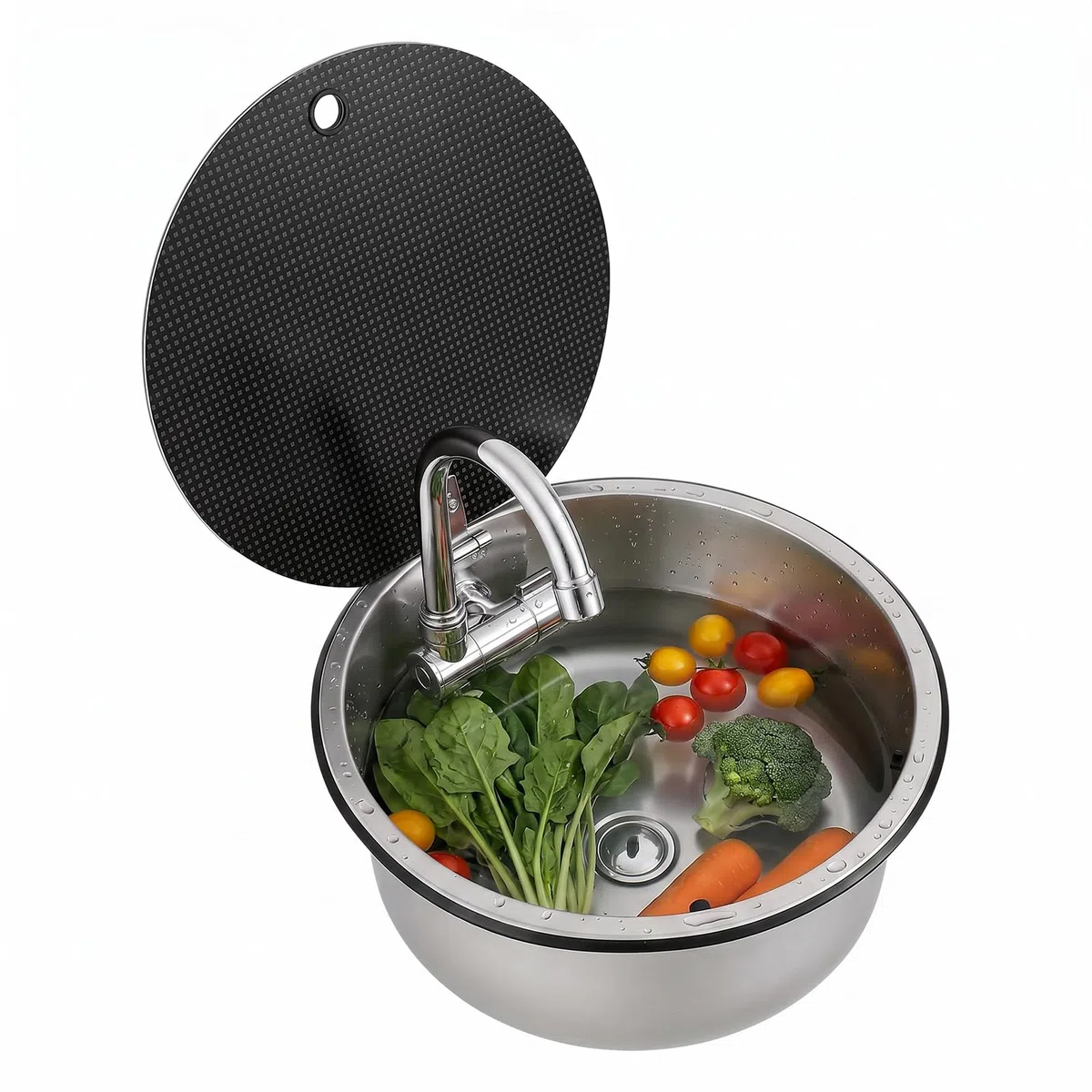Fregadero redondo de 34 cm, acero inoxidable, con grifo plegable